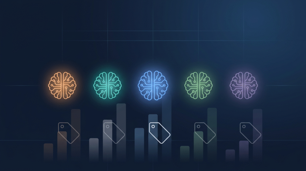 Comparison of 2026 AI models: glowing neural network icons above cost bar charts and price tags