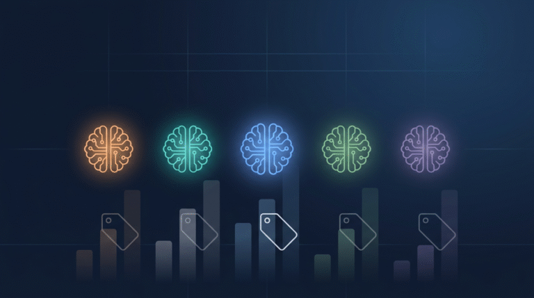 Comparison of 2026 AI models: glowing neural network icons above cost bar charts and price tags