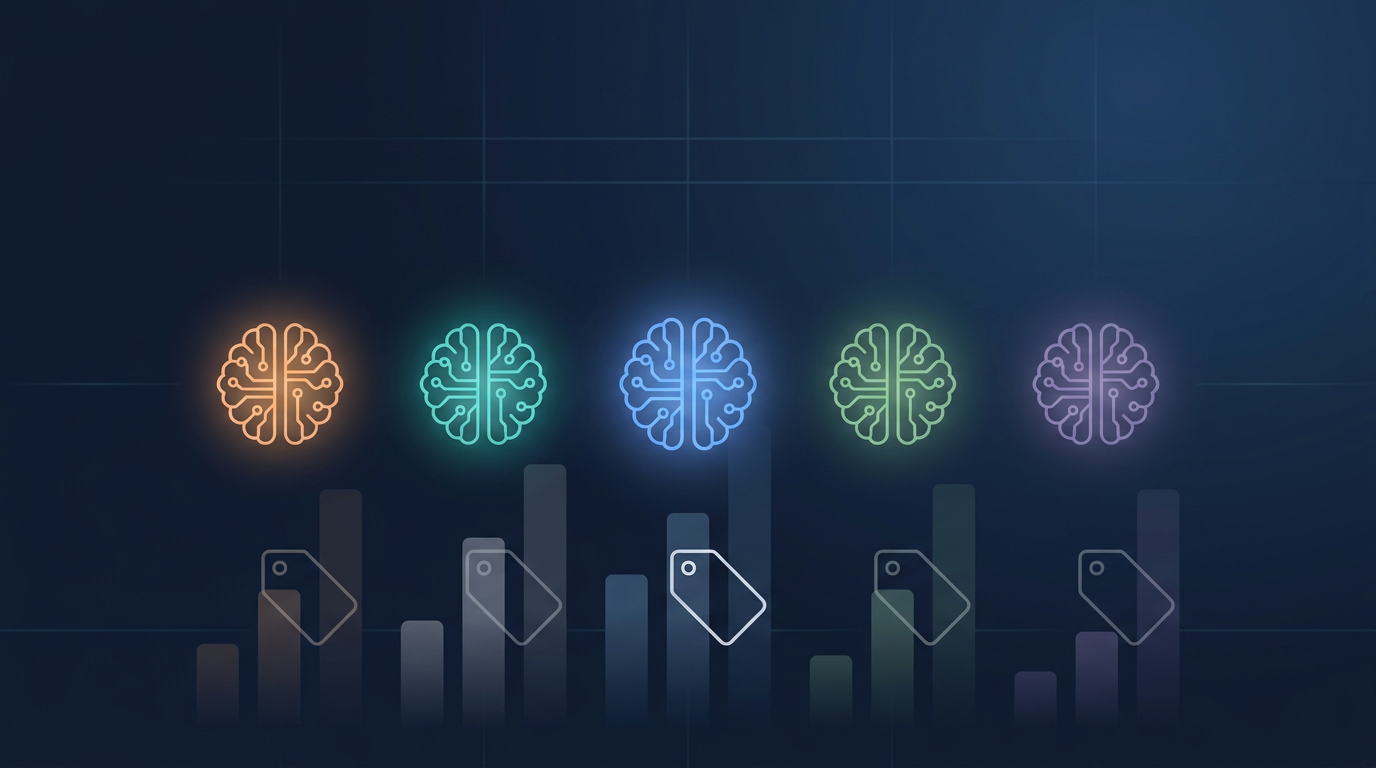 Comparison of 2026 AI models: glowing neural network icons above cost bar charts and price tags