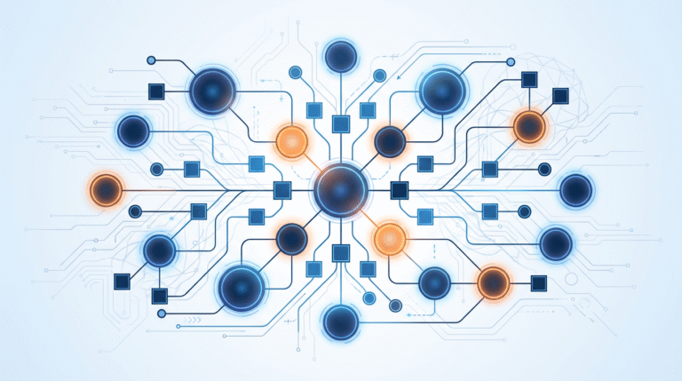 Abstract network diagram of connected circles and squares representing AI systems and their parent companies