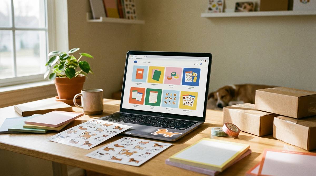 Craft studio desk with laptop showing an online store, sticker sheets, notepads and shipping boxes